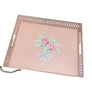Vintage Shabby Chic Pink Metal Tray With Door/Wall Hanging Pink Rose Design Girl